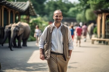 Wall Mural - Handsome middle-aged man walking in the park with elephant in the background