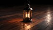 Old vintage iron mine lantern on wooden floor, darkbackground