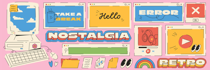 Fototapete - Set with retro user interface elements. Error window, video and aulio player applications. Vintage desktop computer. Trendy simple illustration style.