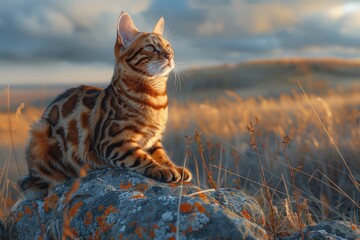 Wall Mural - Bengal Cat Admiring the Sunset in Golden Hour