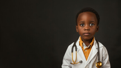 Wall Mural - a studio portrait of little black boy dressed up as a doctor isolated on black background