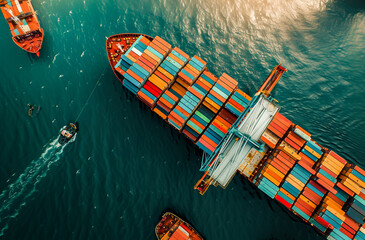 Aerial view of a large cargo ship loaded with colorful containers, representing global trade and maritime logistics.