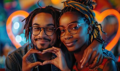 Wall Mural - A happy young couple is making heart sign with hands, showing love