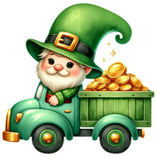 Cute Happy Gnome St Patricks Day Leprechaun On Truck With Gold Coins, Watercolor, Celebration, Isolated On Transparent Background