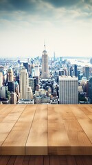 Wall Mural - New York City skyline with a wooden table in the foreground