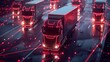 cinematic dark logistics network with multiple european red trucks with neon connecting dots and lines. Vector tech polygonal technology background with red bus transport service.