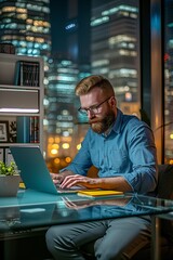 Wall Mural - Bearded man working on laptop in modern office at night with city lights in background