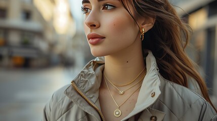 Wall Mural - Woman in a light jacket, gold jewelry with a diamond on the girl's neck 