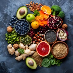  Foods high in antioxidants, anthocaynins, vitamins, minerals and dietary fibre. Top view.