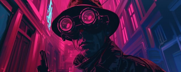 A detective in a virtual reality crime scene dusk using AI to simulate scenarios in neo noir style detective grey Virtual Investigation clues a pair solving mysteries with AI AI simulated