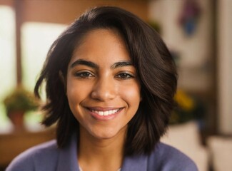 Poster - Latin brunette beauty smiling, relaxation at home, joy face closeup.