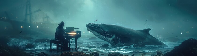 Crafting echoes a musician and a whale sing the song of the ocean in a submerged city twilight with a harp of waves in underwater melody style oceanic echo Ocean s Echo melody of the deep a duo