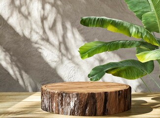 Wall Mural - Natural display for product. Wooden podium, and palm leaves. Tropical summer concept.