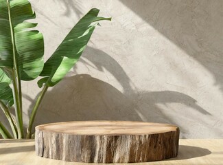 Sticker - Natural display for product. Wooden podium, and palm leaves. Tropical summer concept.