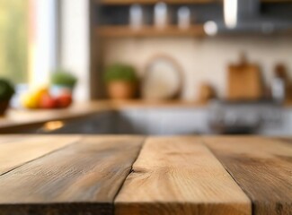 Sticker - Wooden table on blurred kitchen bench background. Empty wooden table and blurred kitchen background.