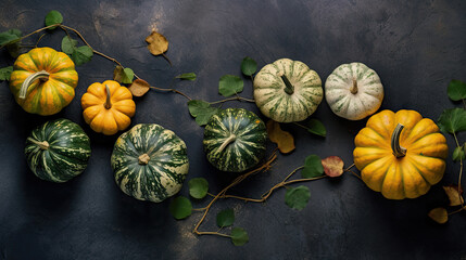 Wall Mural - A group of pumpkins with dried autumn leaves and twig, on a vivid green color stone