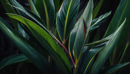  Bird of Paradise leaves with soft detailed texture Natural abstract delicate shapes and fluid lines Emphasized leaf edges against blurred background Deep green shades