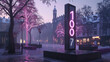 3d render of a neon digital clock tower in a town square