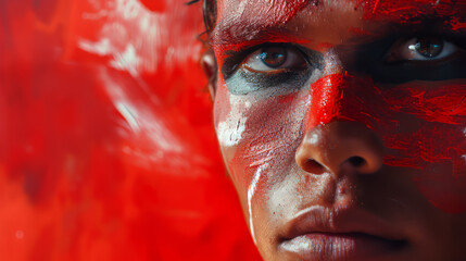 Red painted face of a proud Indian warrior