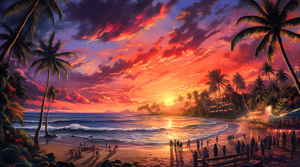 Wall Mural - a stunning tropical landscape featuring a beautiful beach with palm trees at sunset.