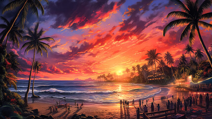 Sticker - a stunning tropical landscape featuring a beautiful beach with palm trees at sunset.