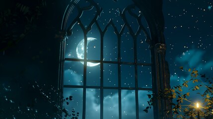 Wall Mural - Night scene with moon and window. Halloween concept. 3D rendering