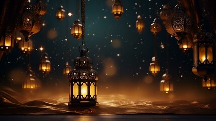 Wall Mural - Ramadan Kareem's background with golden lanterns and stars. 3d rendering