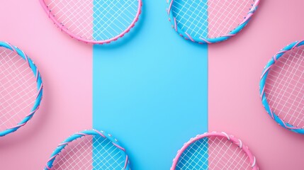 Artistic arrangement of badminton rackets on dual tone background