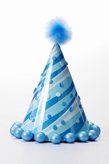 Poster - Festive Blue Birthday Party Cap, Blue Striped Hat, Fun Party Hat, Festive Blue Party Hat with Pompom, Blue Party Hat Isolated on White, Fun Party Hat with Blue Patterns, Party Hat, easy to cut out
