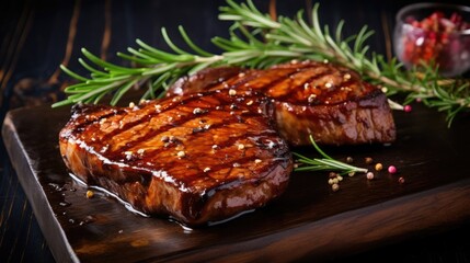 Wall Mural - Succulent grilled steak garnished with rosemary and spices on a wooden board, perfect for culinary themes.