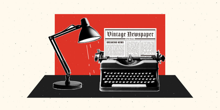 Typewriter printing a vintage newspaper. Journalist's desk with lamp in minimalist style. Retro pop halftone collage. Contemporary vector design.