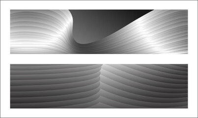 Monochrome cover design, abstract background. Wavy silver parallel gradient lines, ribbons, silk. Set of 2 backgrounds. Black and white with shades of gray banner, poster. eps vector