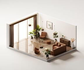 Wall Mural - Isometric view living room muji style open inside interior architecture 3d rendering 