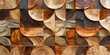Abstract decorative texture Wooden blocks stacked for seamless background cherry veneer wood pieces wall in dramatic light natural wood cut beam.