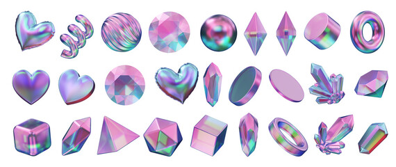 Fototapete - Heart and Gem holographic decoration set pack isolated background 3d rendering 