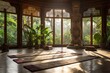 Tranquil yoga studio with garden view and sunset lighting