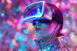A woman's face is illuminated in a vibrant magenta light as she becomes lost in a virtual world through her goggles