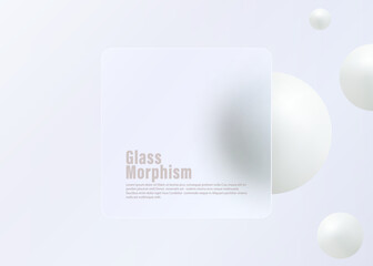 Poster - Glass morphism landing page with square frame. Vector illustration with blurry floating spheres in white.