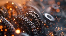 Close Up Synchronizing Gears In Motion With Fiery Sparks 3d Render Background