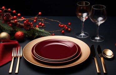 Wall Mural - a table setting decorated for christmas with red and gold plates and cutlery