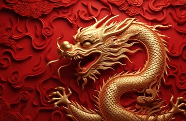 Poster - a golden dragon on red paper background