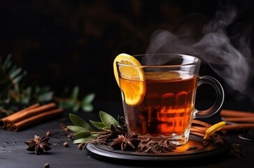 Wall Mural - tea with cinnamon, orange, lemon, herbs and mint