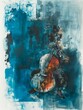 The image showcases an expressive and abstract piece of art where the central focus is a cello with its warm brown hues standing out against a backdrop of bold blue strokes and splashes, possibly mixi