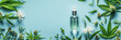 © AI_images_for_people - Glass bottle with dropper surrounded by cannabis leaves and buds on a blue background, showcasing CBD oil products. Banner with copy space.