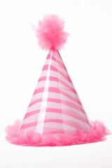 Wall Mural - Pink Striped Party Hat isolated on white, Elegant Pink Party Hat with Feather Trim, Pink Birthday Party Hat with Fluffy Pom-Pom, Festive Birthday Party Hat, White Background,Party Hat,Easy to Cut Out
