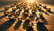 Golden singing bowls placed  in the sand. Sound therapy with empty golden bowls during sunset.