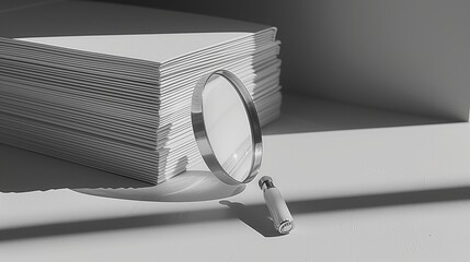 A magnifier lens positioned at an angle, casting a shadow over a row of document folders, creating a visually striking composition that conveys the concept of meticulous inspection and analysis 