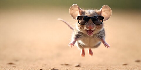 Portrait of a joyful jumping mouse in sunglasses against a light background. Promotional banner with copy space. Creative animal concept.