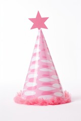 Poster - Pink Striped Party Hat isolated on white, Elegant Pink Party Hat with Feather Trim, Pink Birthday Party Hat with Fluffy Pom-Pom, Festive Birthday Party Hat, White Background,Party Hat,Easy to Cut Out
