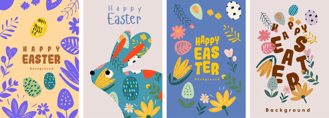 Series of naive art style vector backgrounds for Easter, featuring pastel-colored eggs, playful floral patterns, and a whimsical rabbit, all blended to create a joyful Spring atmosphere.